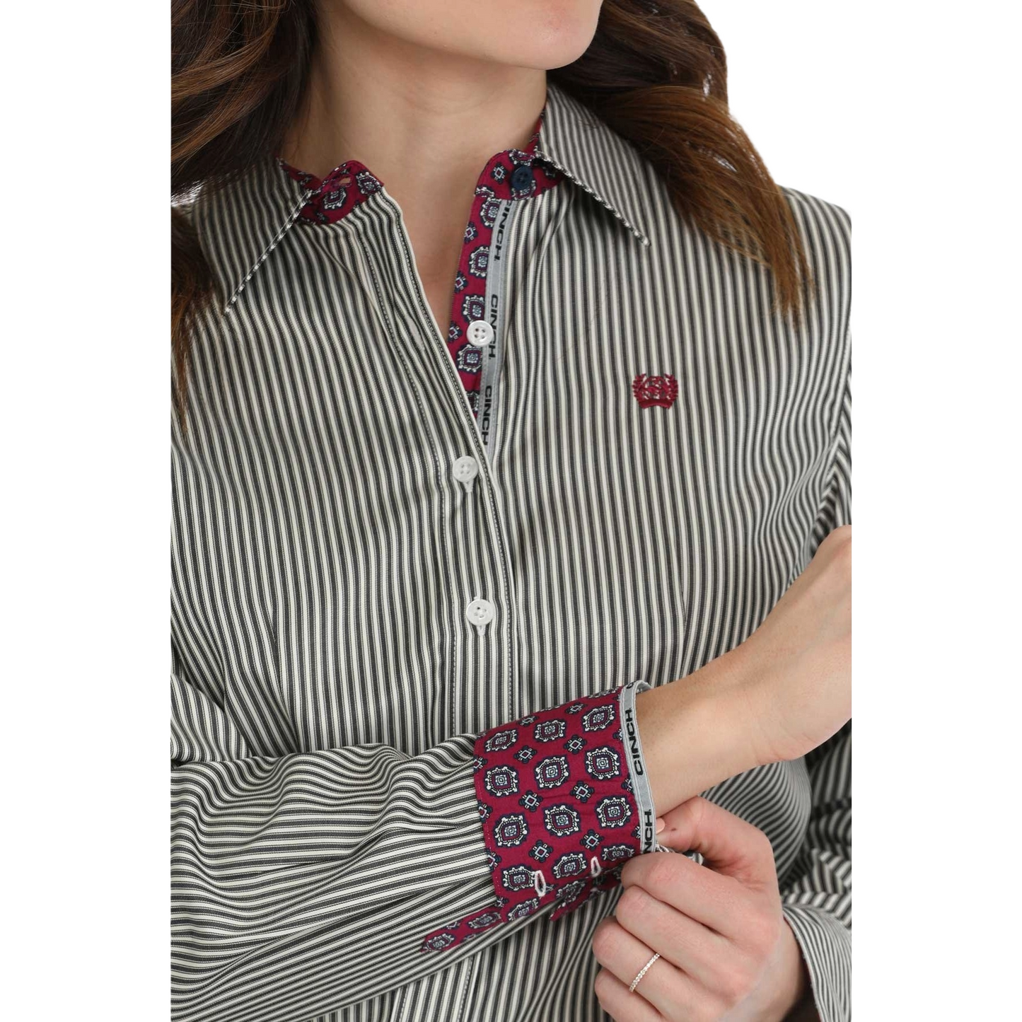 Cinch Ladies Black Stripe Print Button Down Shirt MSW9165065
