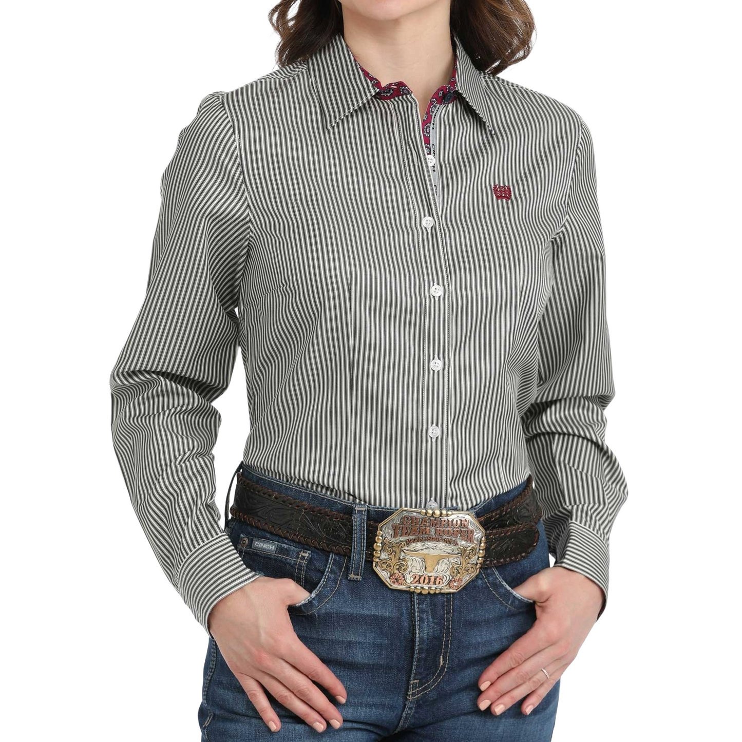 Cinch Ladies Black Stripe Print Button Down Shirt MSW9165065