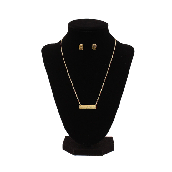 Blazin Roxx® Ladies Bar Stamped Cross Gold Chain & Earrings Set 30996
