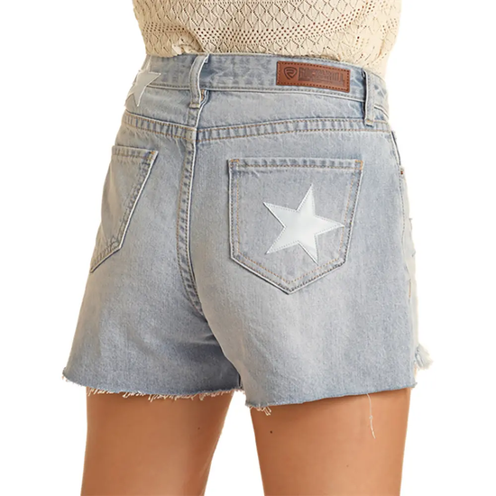 Rock & Roll Denim Ladies Leather Patch Star Light Wash Shorts BW68D04002