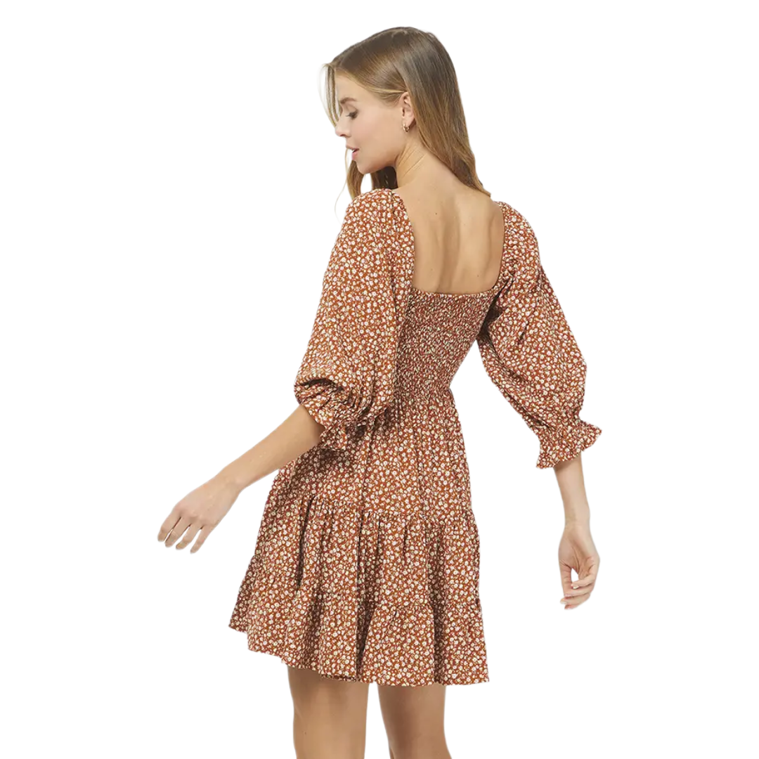 Yura Clothing Ladies Autumn Bloom Rust Floral Mini Dress YD1465BJ-RUST
