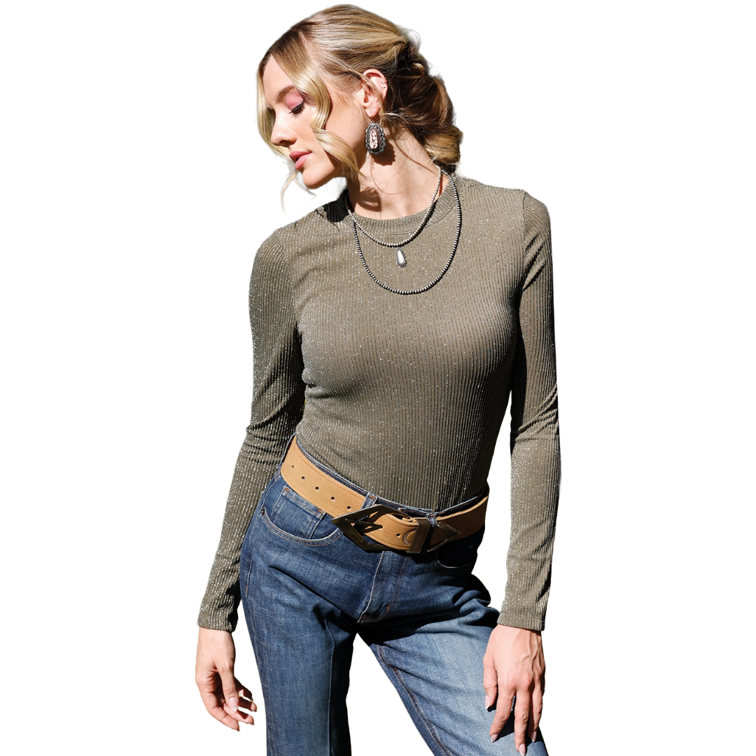 Cruel Denim Ladies Olive Green Glitter Knit Shirt CTK7530003