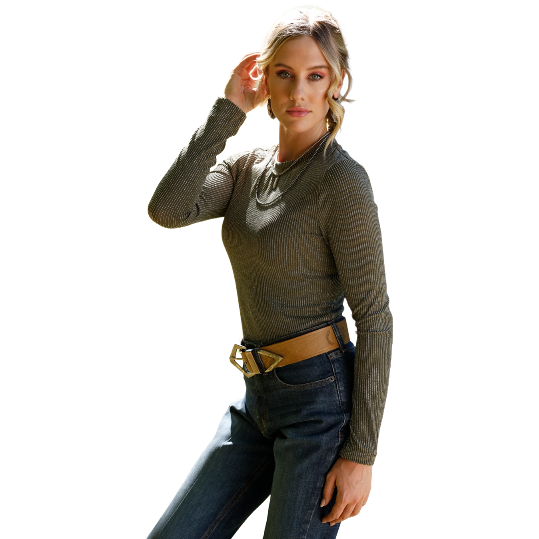 Cruel Denim Ladies Olive Green Glitter Knit Shirt CTK7530003