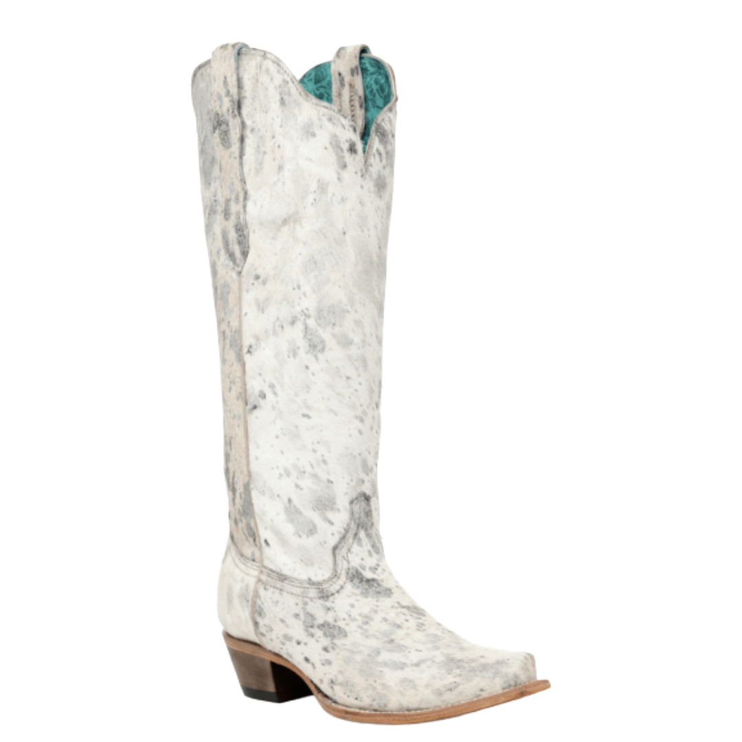 Corral Ladies Bone Hair Leather Silver Paint-Splatter Tall Top Western Boot Z5595