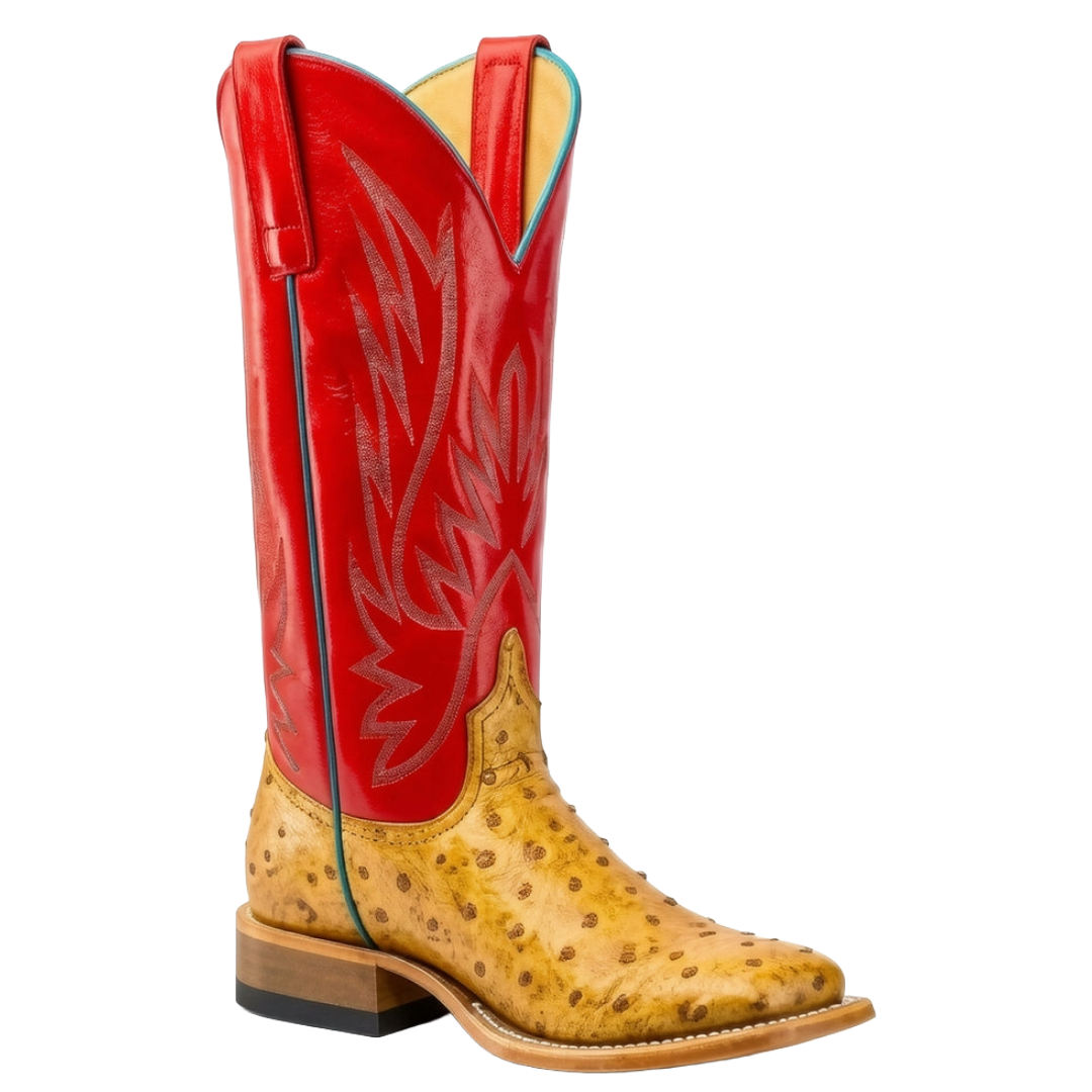 Macie Bean Ladies Red Bird Road Ostrich Print Western Leather Boot M3001