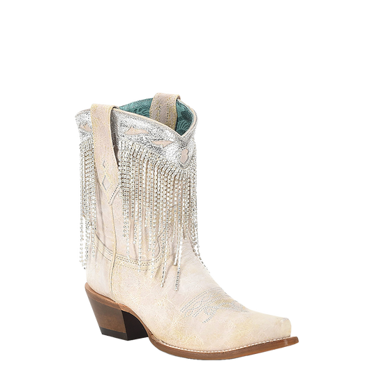 Corral Ladies White-Silver Overlay & Fringe Snip Toe Ankle Boots Z5250