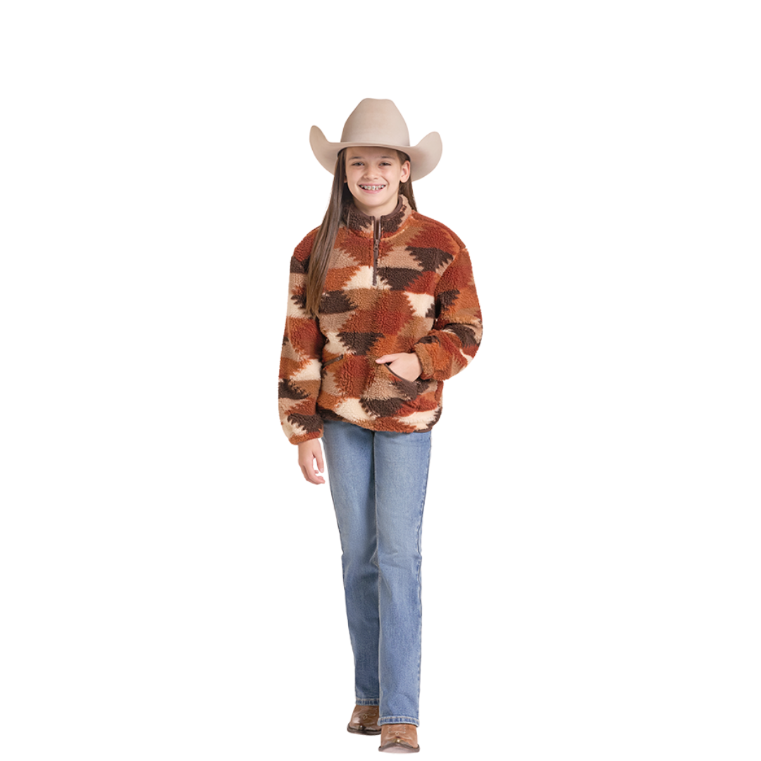 Rock & Roll Denim Youth Girl's Brown Patch Hexagon 1/4 Zip Sherpa BG91C09371
