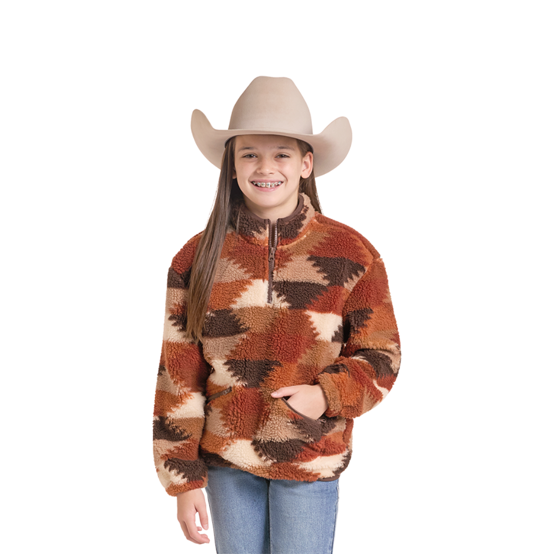 Rock & Roll Denim Youth Girl's Brown Patch Hexagon 1/4 Zip Sherpa BG91C09371
