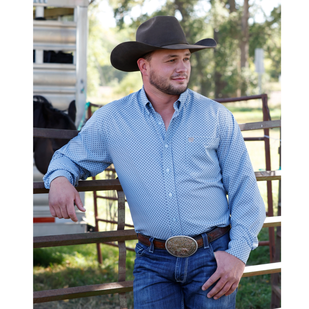 Cinch Mens Light Blue Printed Arenaflex Button Down Shirt MTW1106151
