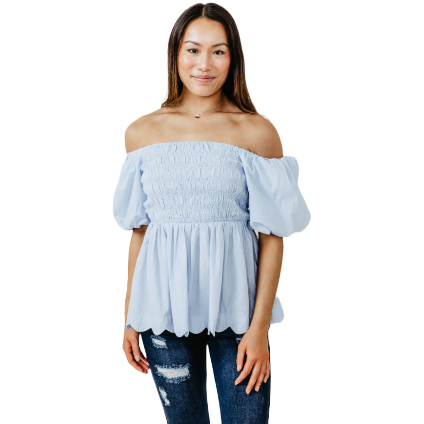 Simply Southern Puff Scallop Sky Blue Blouse 0124-BLSE-PUFFSCLP-SKY