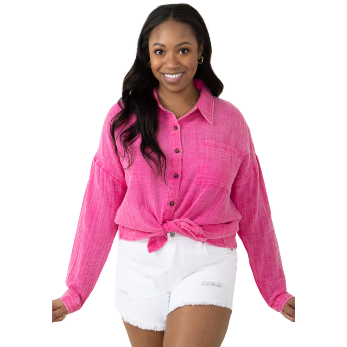 Simply Southern Ladies Gauze Hot Pink Button Down Shirt 0124-BTNDWN-GZE-HTPNK