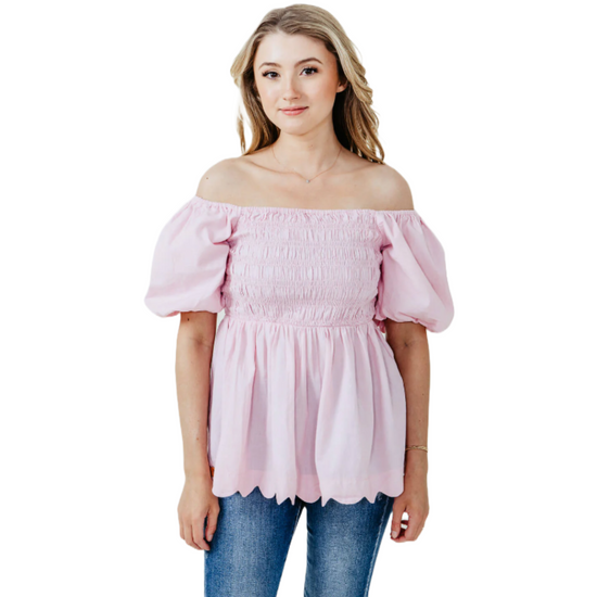 Simply Southern Ladies Puff Scallop Light Pink Blouse 0124-BLSE-PUFFSCLP-LTPINK