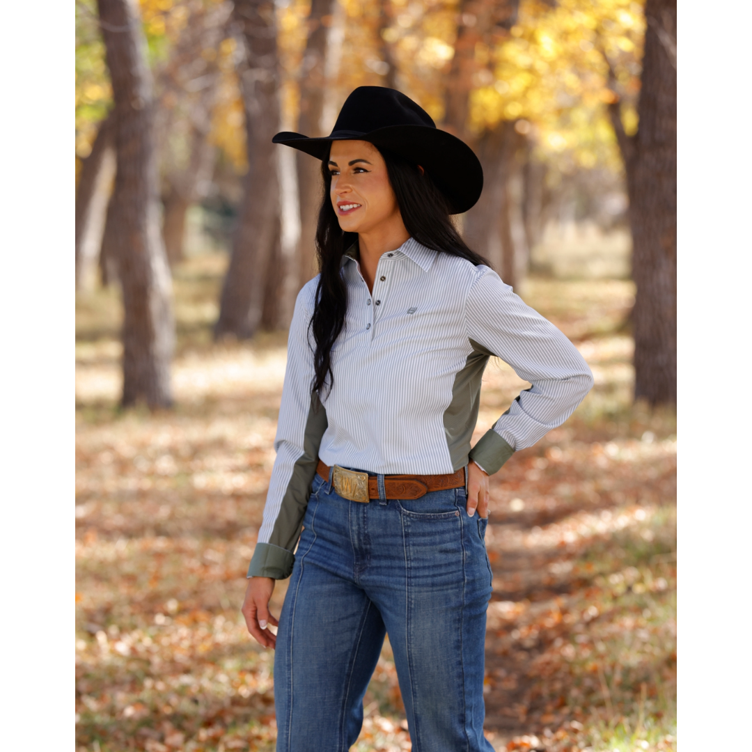 Cinch Ladies Green Striped Hybrid 1/4 Button Down Shirt MSW7916003