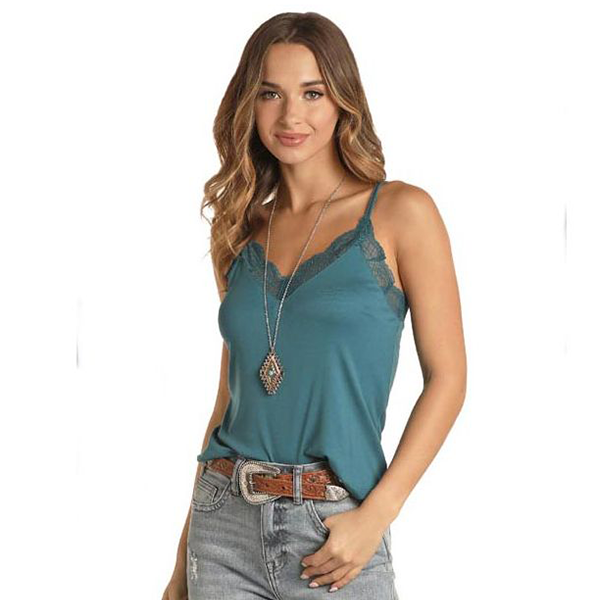Rock & Roll Cowgirl Girl's Rib Knit Lace Teal Trim Cami Shirt 49-8391-81