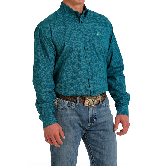 Load image into Gallery viewer, Cinch Men&amp;#39;s Teal Diamond Print Button Down Shirt MTW1105579

