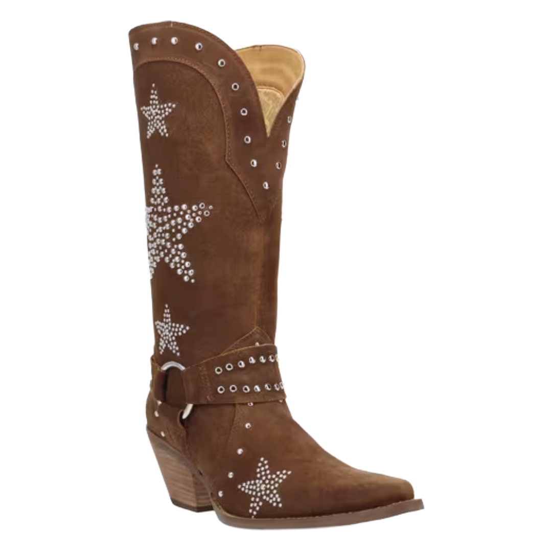 Dingo Ladies Lucky Stars Brown Suede Leather Harness Western Boot DI2350-BN