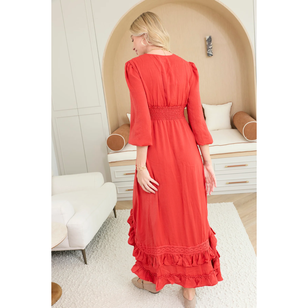 Myra Ladies Rumba Rouge Spiced Red Satin Maxi Dress BWE-12566-D