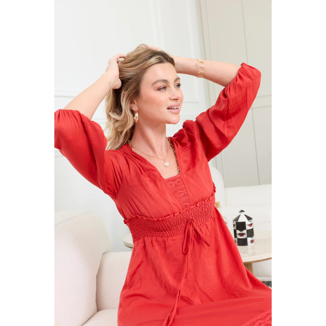 Myra Ladies Rumba Rouge Spiced Red Satin Maxi Dress BWE-12566-D