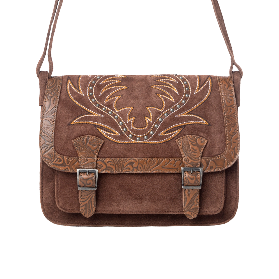 Myra Ladies Amberwood Chestnut Brown Suede Leather Boot Embroidered Bag S-13378