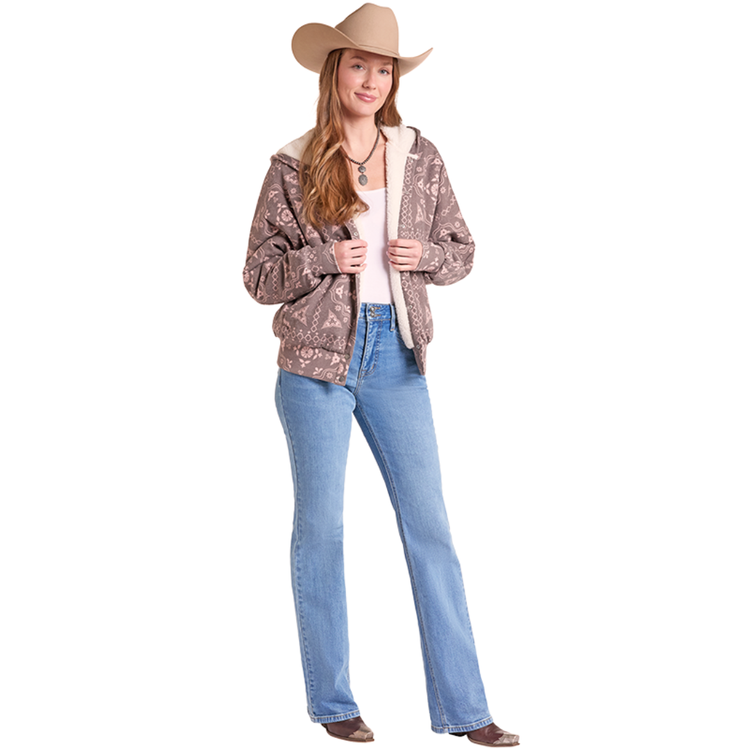 Rock & Roll Denim Ladies Chocolate Bandana Print Sherpa Jacket BW92C09417