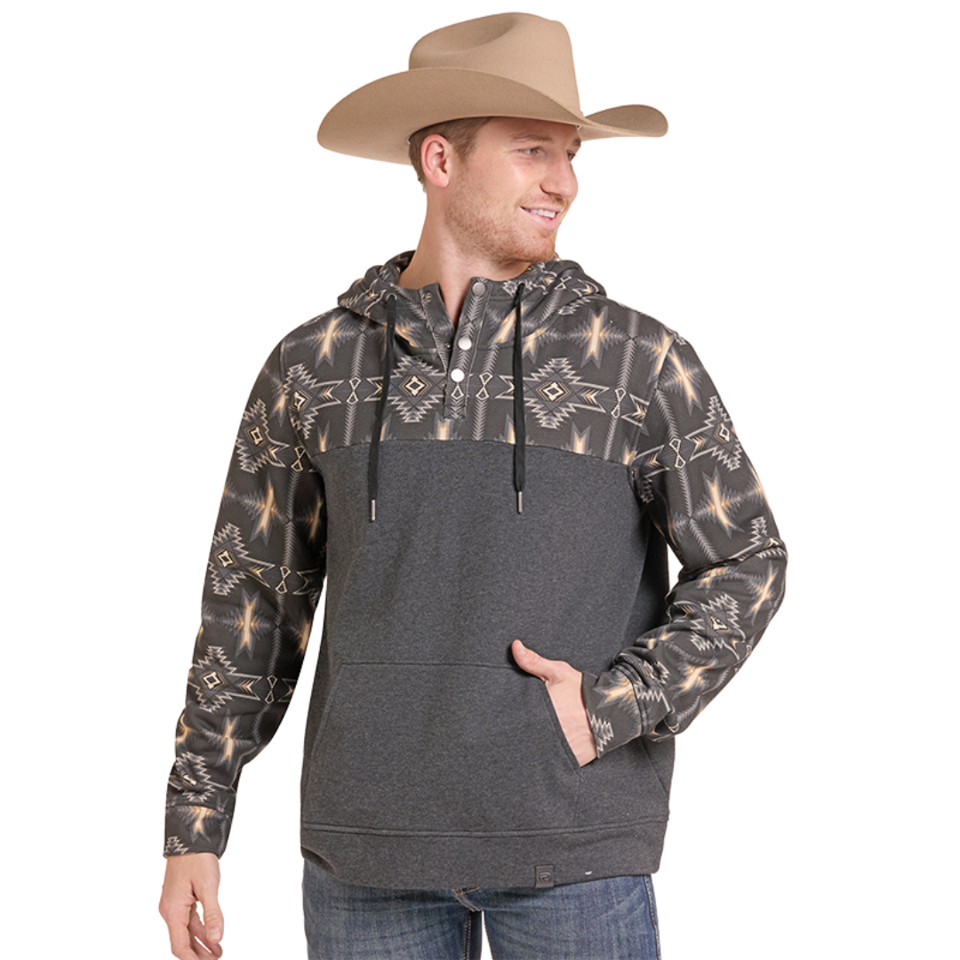 Rock & Roll Denim Men's Black Aztec Print Colorblock Hoodie BM94T09626