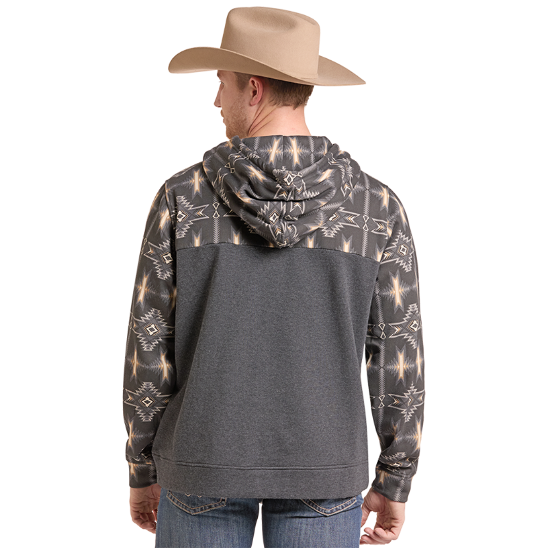 Rock & Roll Denim Men's Black Aztec Print Colorblock Hoodie BM94T09626