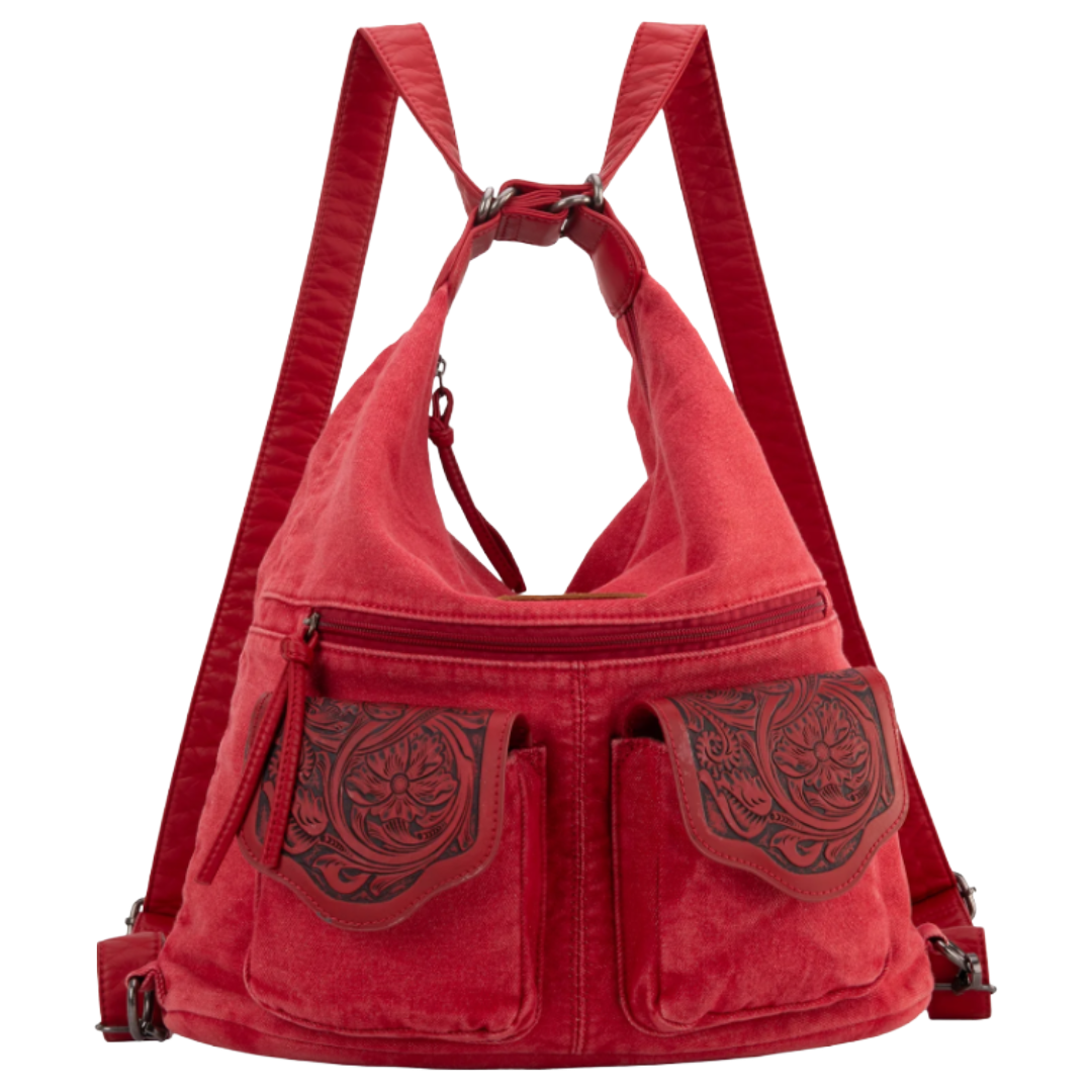 Wrangler Ladies Floral Tooled Red Denim Hobo Bag WG103-2008RD