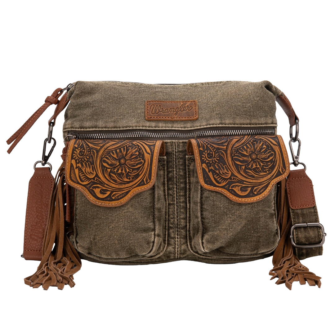 Wrangler Ladies Fringe Floral Tooled Olive Denim Crossbody Bag WG103-2009SOLIVE