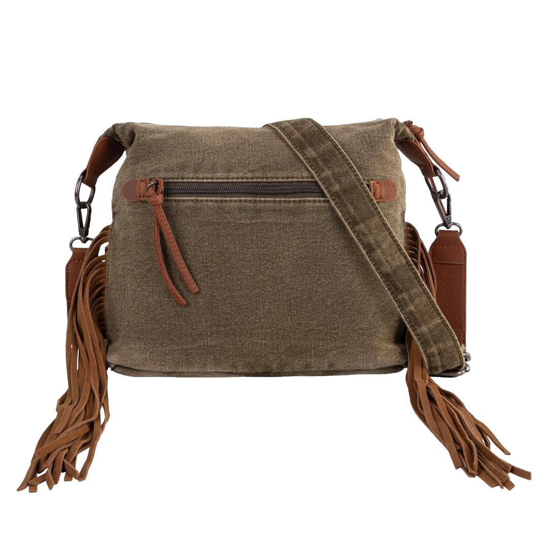 Wrangler Ladies Fringe Floral Tooled Olive Denim Crossbody Bag WG103-2009SOLIVE