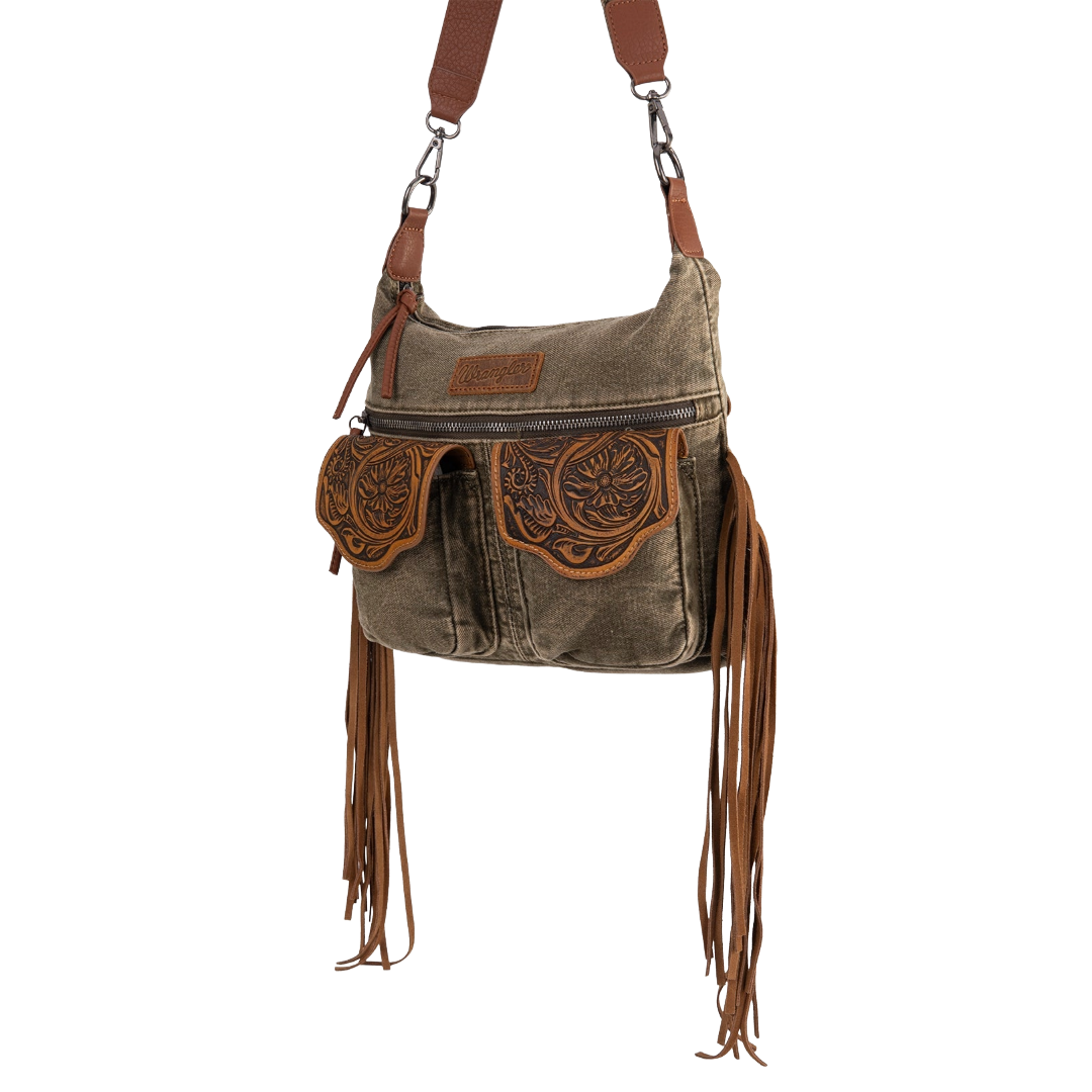 Wrangler Ladies Fringe Floral Tooled Olive Denim Crossbody Bag WG103-2009SOLIVE