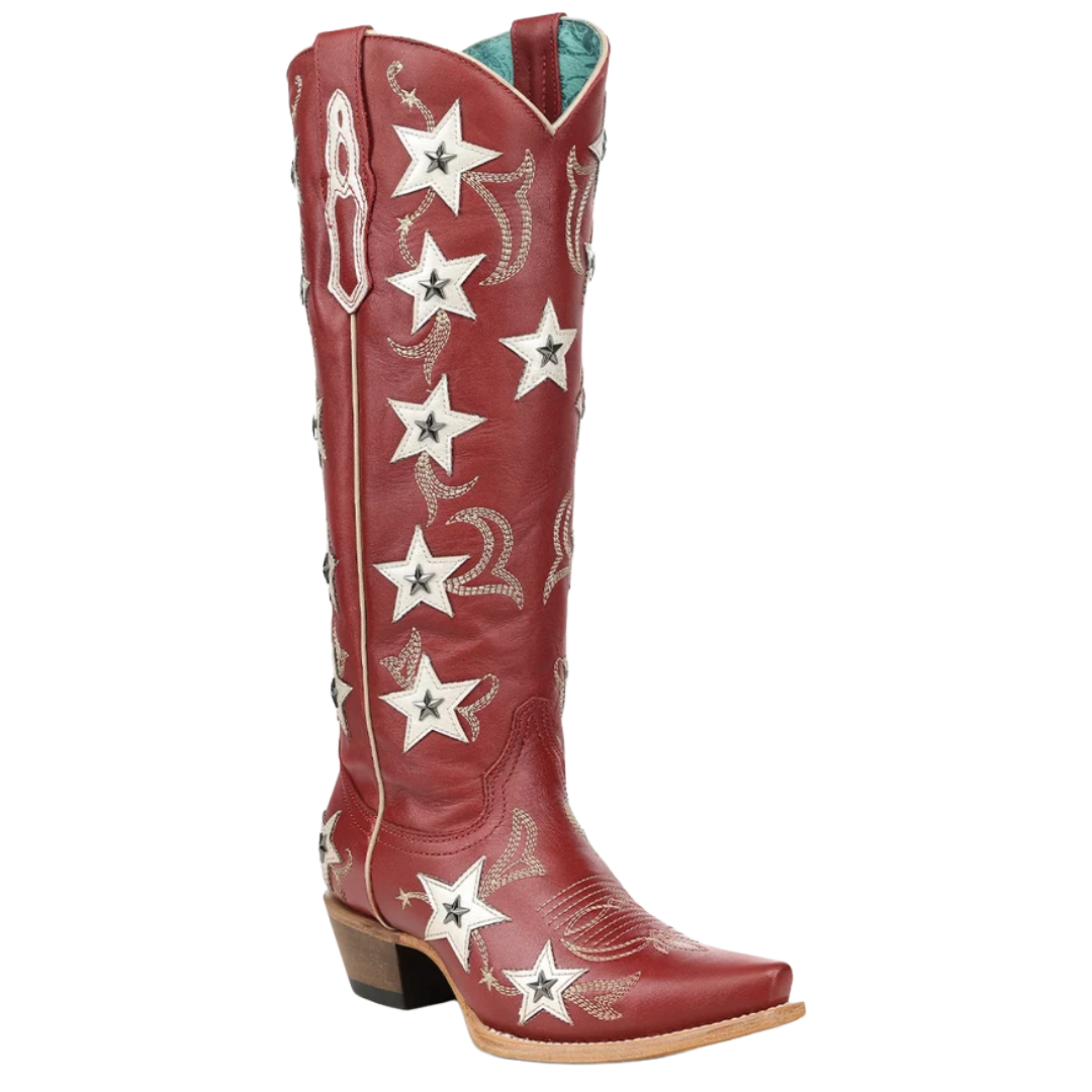 Corral Ladies Red Embroidered Stars Overlay & Studs Snip Toe Tall Western Boot Z5549