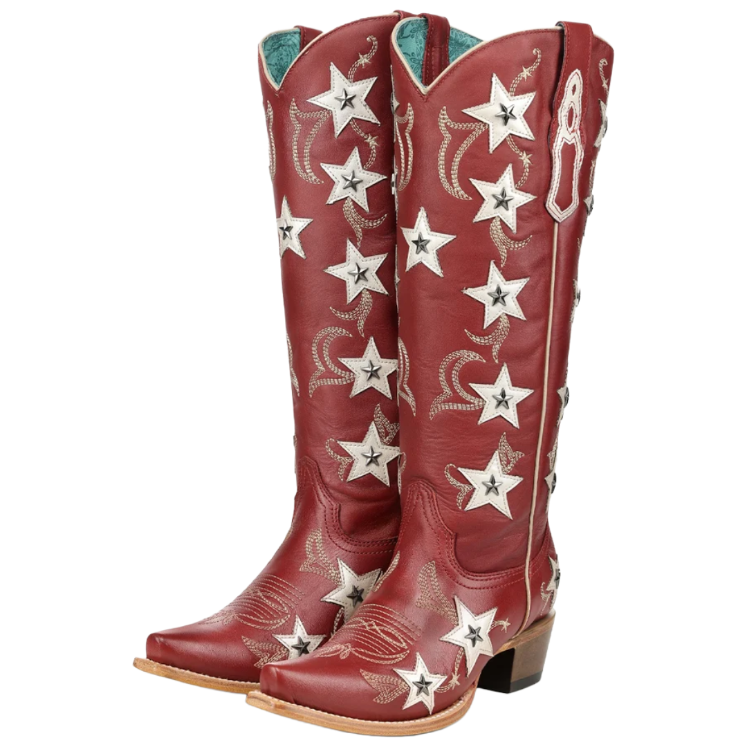 Corral Ladies Red Embroidered Stars Overlay & Studs Snip Toe Tall Western Boot Z5549