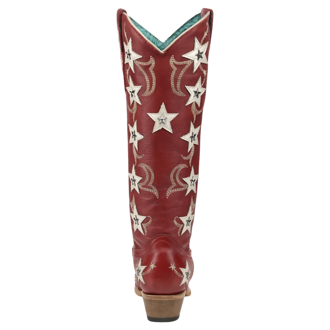 Corral Ladies Red Embroidered Stars Overlay & Studs Snip Toe Tall Western Boot Z5549