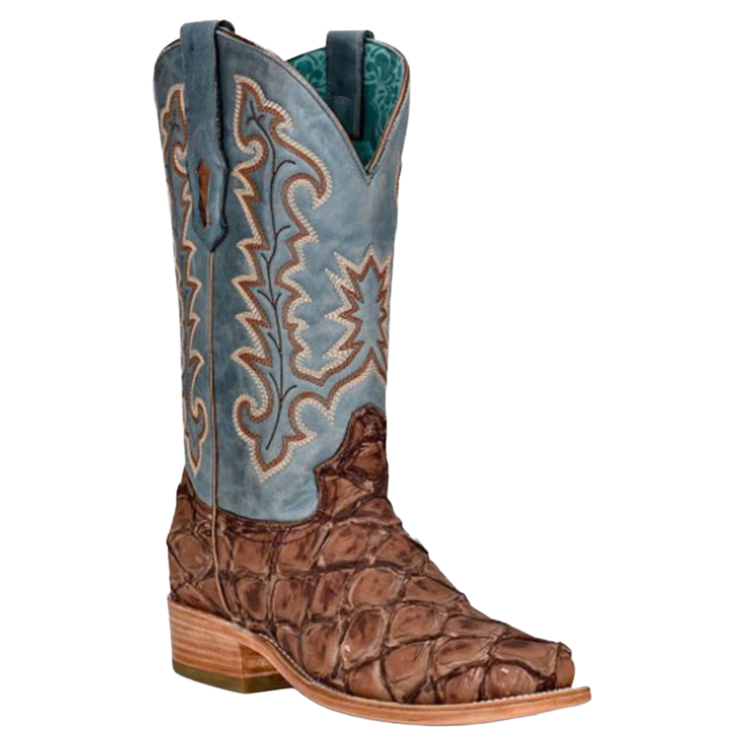 Corral Ladies Pirarucu Exotic Embroidered Brown Blue Wide Square Toe Western Boots A4205