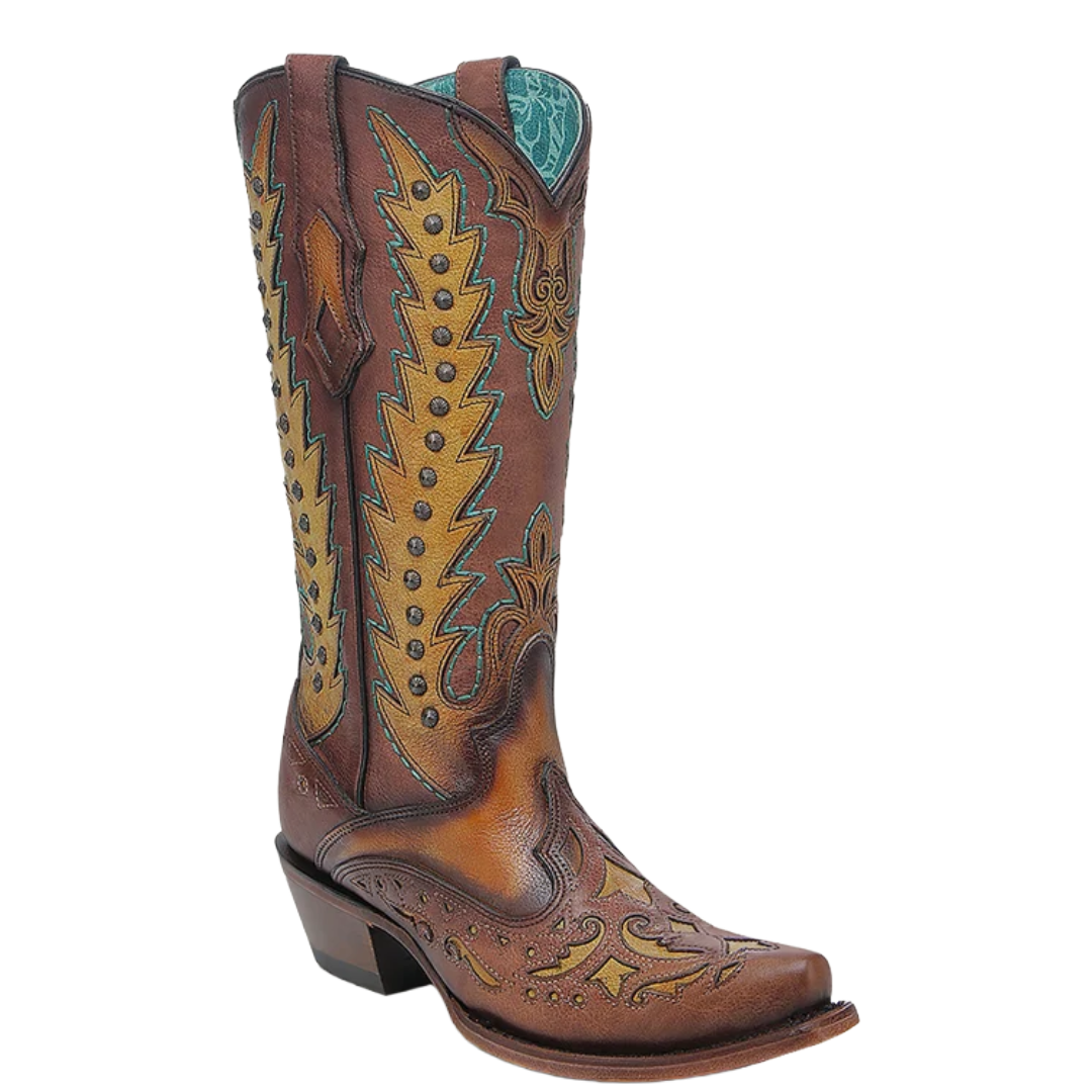 Corral Ladies Brown & Turquoise Overlay Embroidery & Studs Snip Toe Western Boot C4156