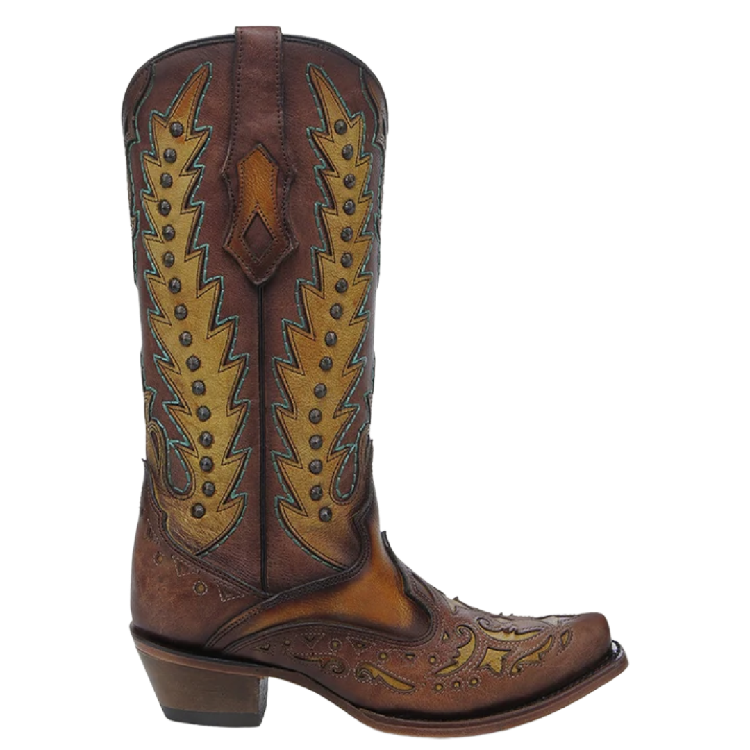 Corral Ladies Brown & Turquoise Overlay Embroidery & Studs Snip Toe Western Boot C4156