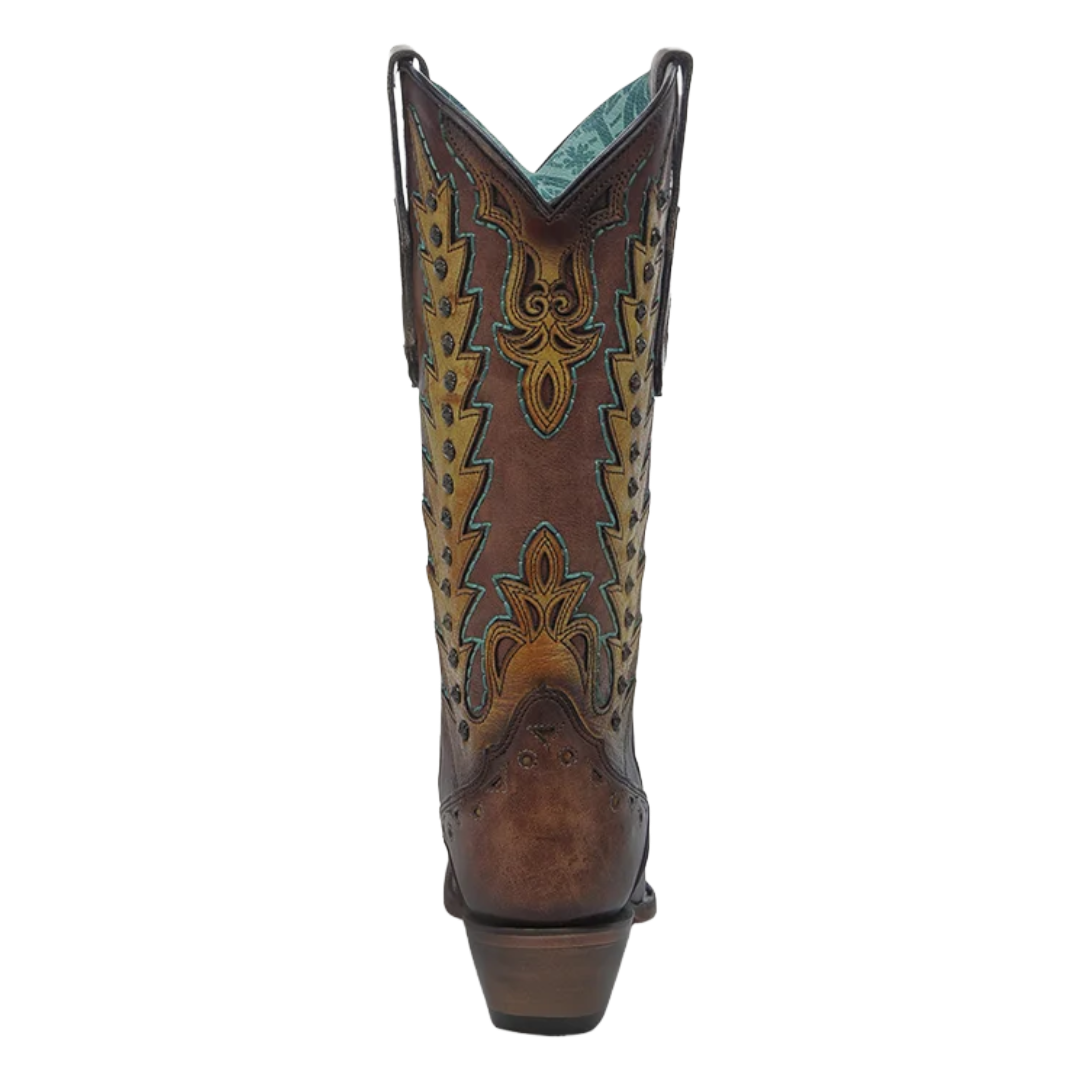 Corral Ladies Brown & Turquoise Overlay Embroidery & Studs Snip Toe Western Boot C4156