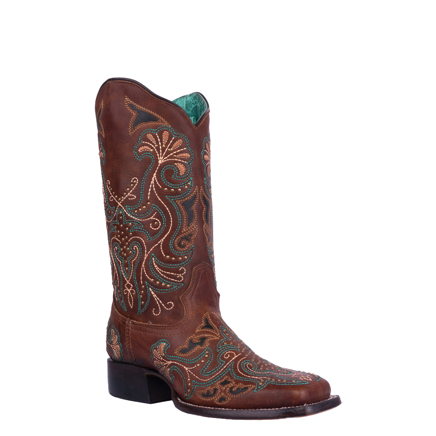 Corral Ladies Tan Embroidery & Studs Wide Square Toe Boots A4485