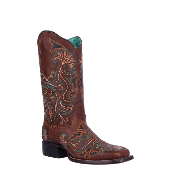 Corral Ladies Tan Embroidery & Studs Wide Square Toe Boots A4485