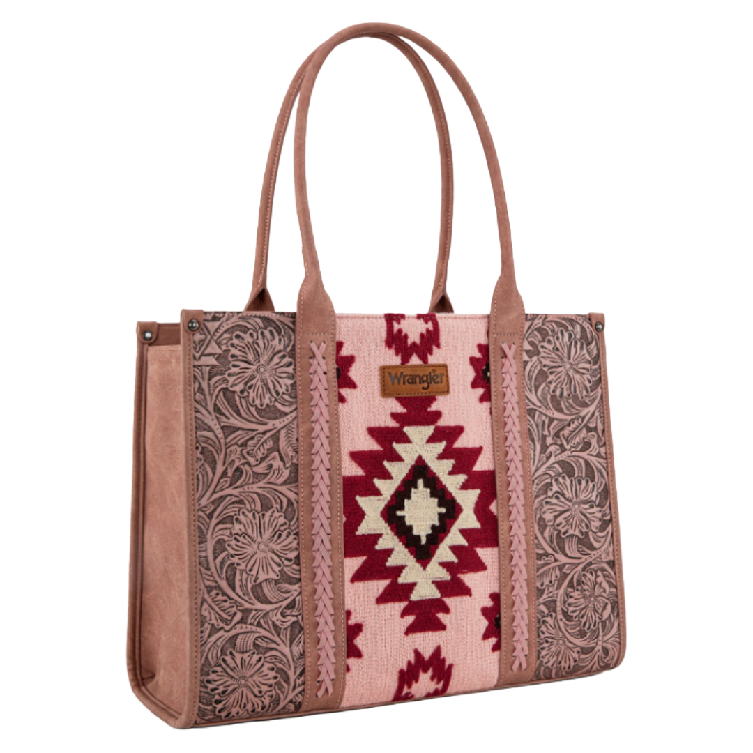 Wrangler Ladies Tooled Aztec Pattern Concealed Carry Dark Pink Large Tote WG226G-8119DPK