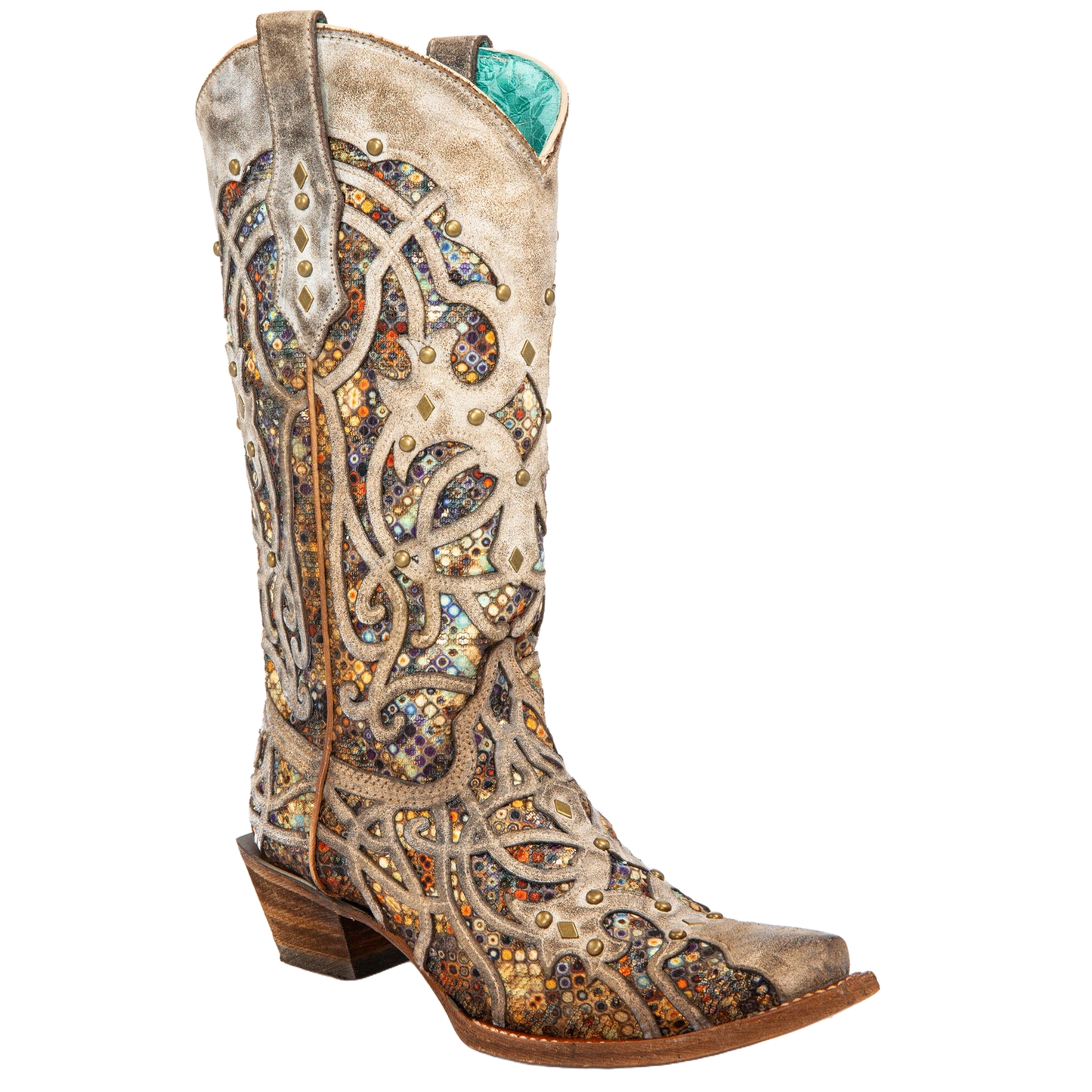 Corral Ladies Taupe Sequin Multicolor Inlay Studs Snip Toe Boots C3409