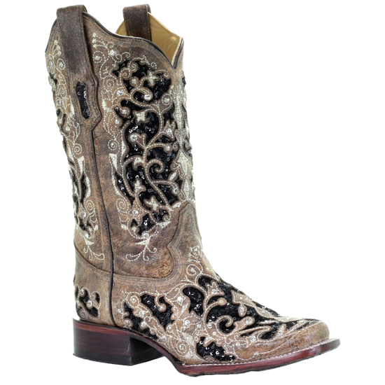 Corral Ladies Brown Black Inlay Floral Embroidery & Studs Boots A3648