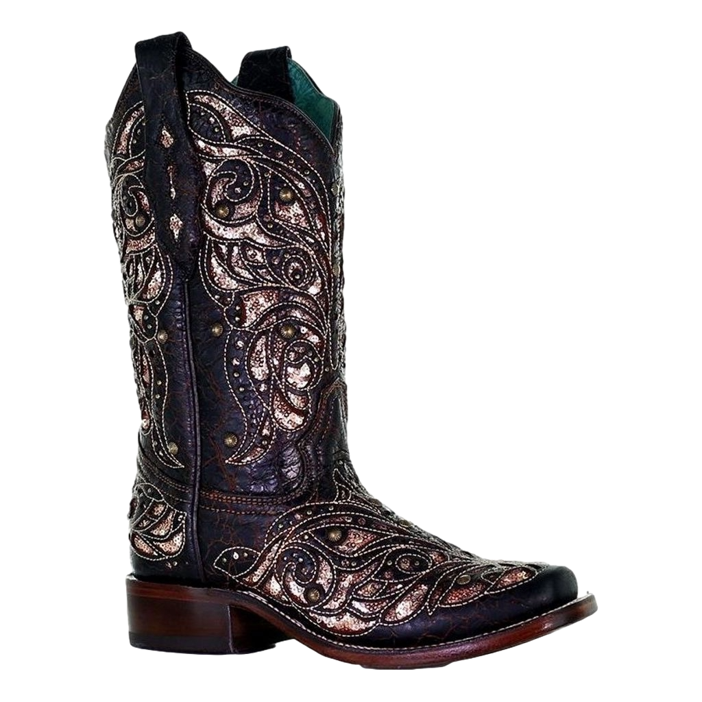 Corral Ladies Black & Honey Inlay Embroidery Square Toe Boots A4127