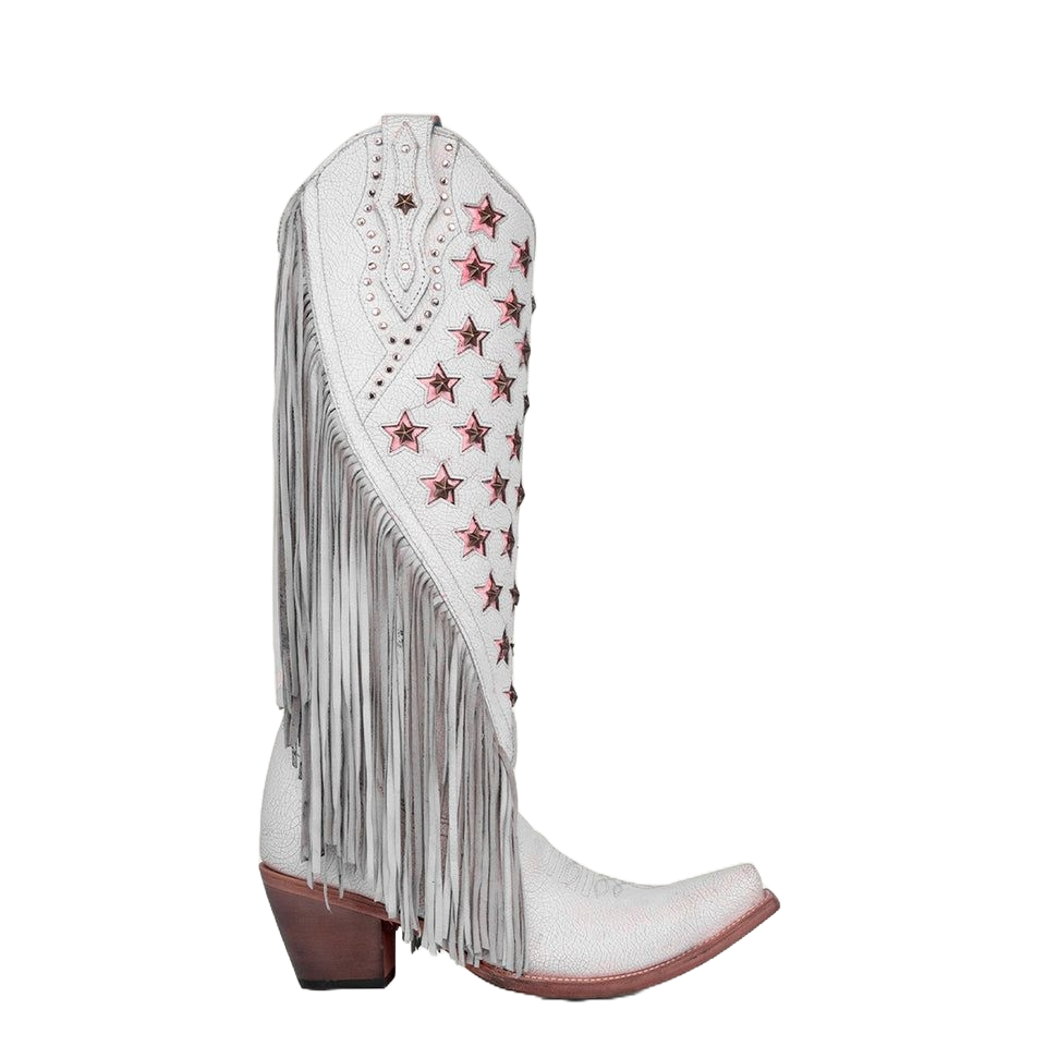 Corral Ladies White / Pink Star Studs Fringe Tall Snip Toe Boots C4084
