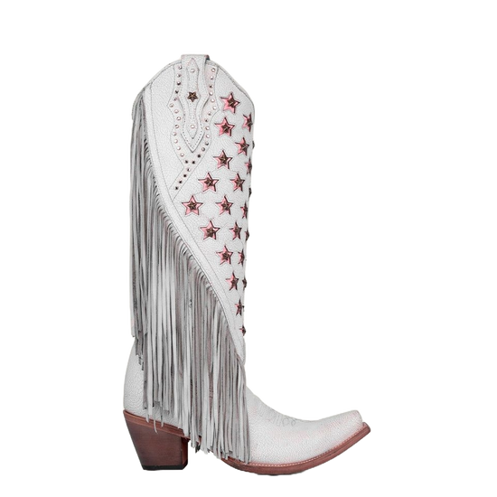 Corral Ladies White / Pink Star Studs Fringe Tall Snip Toe Boots C4084
