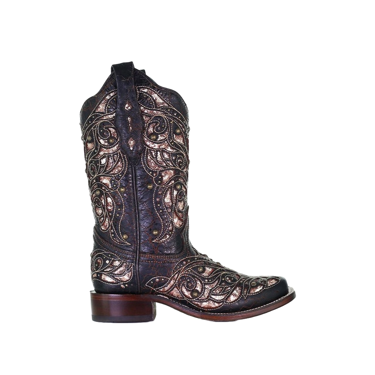 Corral Ladies Black & Honey Inlay Embroidery Square Toe Boots A4127