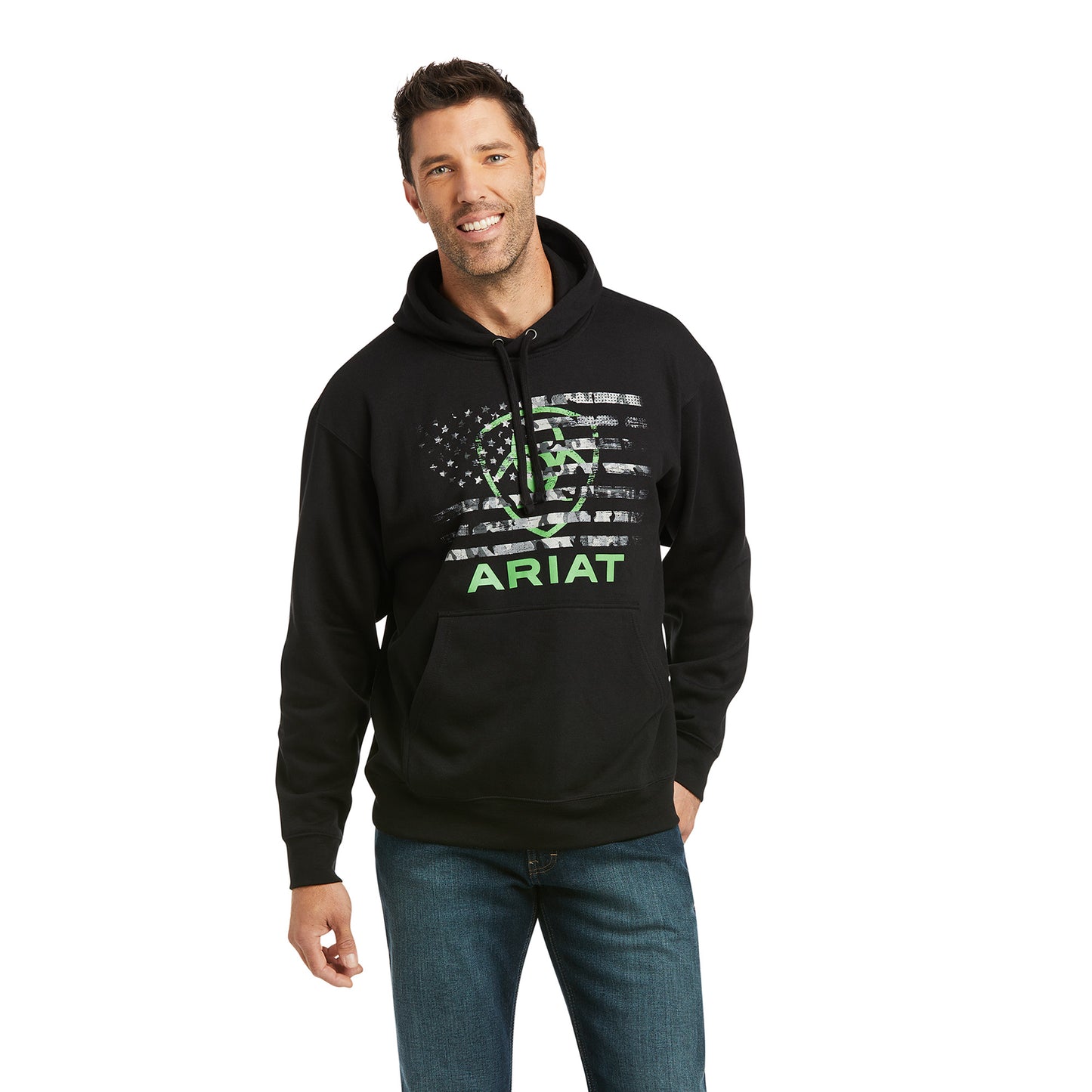 Ariat Men's Basic Black With Green Flag Hooded Sweatshirt 10037258