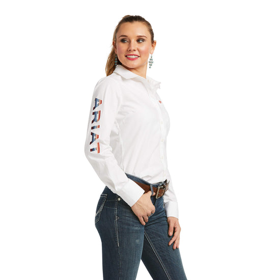 Load image into Gallery viewer, Ariat® Ladies Team Kirby Long Sleeve Stretch White Shirt 10037926
