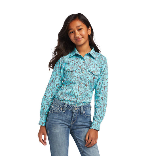 Ariat Girls Real Bucking Bronc Turquoise/Aqua Aztec Snap Button Shirt 10040631