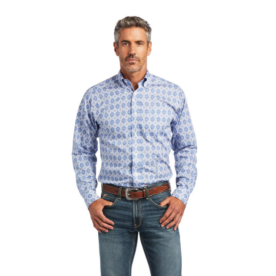 Ariat® Men's Wrinkle Free Eliot White & Blue Button Up Shirt 10040724